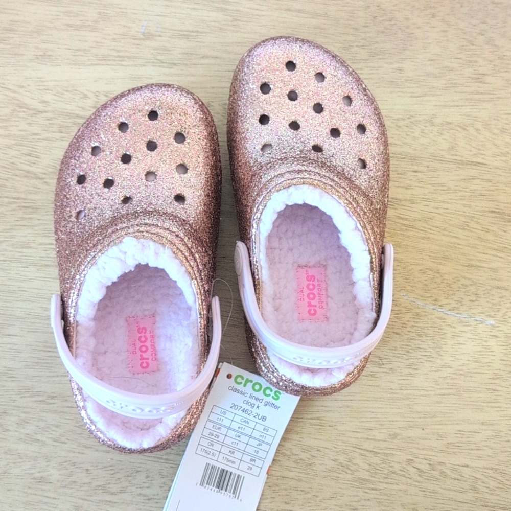 Classic lined glitter crocs, barely pink gold, little kids' size 11, NWT